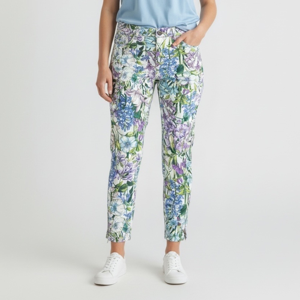 ZARA Size 6 Multicolor Cotton Floral Cropped Pant Ankle Zip Coastal Grandma